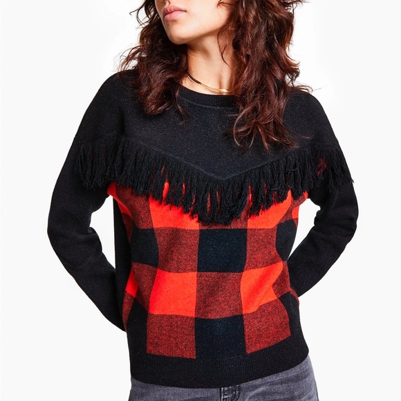 Bar III | Fringe Trimmed Checkered Front Sweater - Picture 1 of 5
